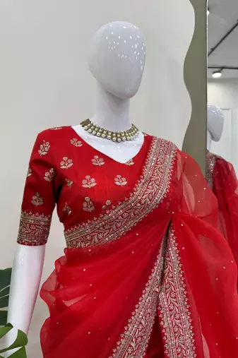 Red Color Thread & Sequence Work Organza Silk Saree