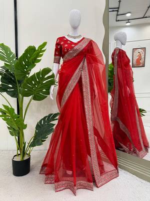 Red Thread sequin Work Organza silk blend Saree 1