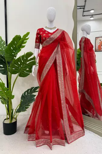 Red Thread sequin Work Organza silk blend Saree