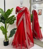 Red Thread sequin Work Organza silk blend Saree