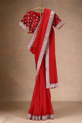Red Thread sequin Work Organza silk blend Saree 3