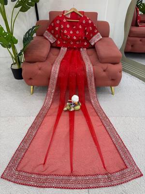 Red Thread sequin Work Organza silk blend Saree 4