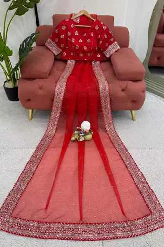 Red Thread sequin Work Organza silk blend Saree