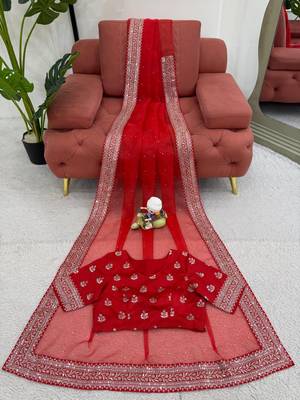 Red Thread sequin Work Organza silk blend Saree 5
