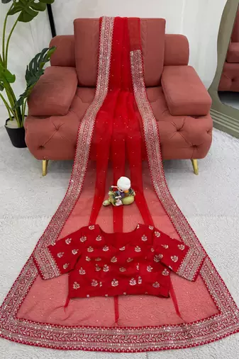 Red Thread sequin Work Organza silk blend Saree
