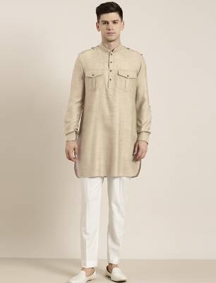 Beige cotton short pathani 1