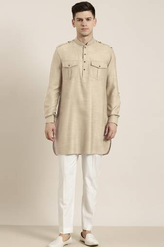 Beige cotton short pathani