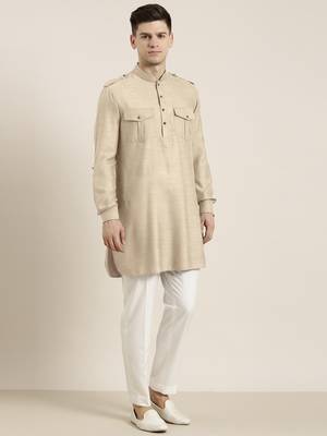Beige cotton short pathani 4
