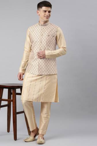 Rose gold chanderi jacquard jacket with kurta set