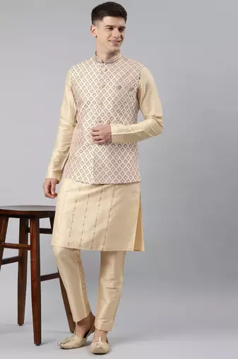Rose gold chanderi jacquard jacket with kurta set
