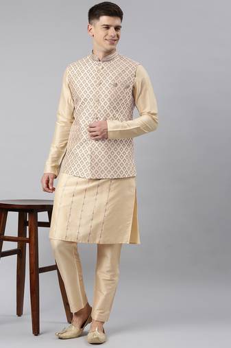 Rose gold chanderi jacquard jacket with kurta set