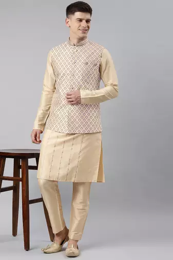 Rose gold chanderi jacquard jacket with kurta set