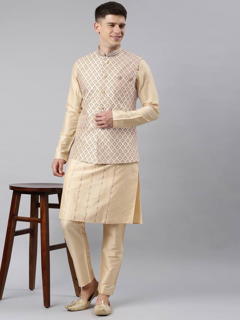 Rose gold chanderi jacquard jacket with kurta set