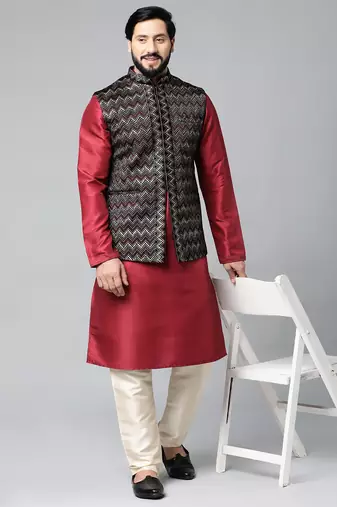 Black velvet embroidered jacket kurta set