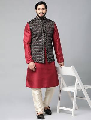 Black velvet embroidered jacket kurta set 1