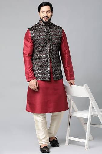 Black velvet embroidered jacket kurta set