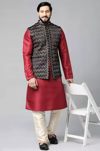Black velvet embroidered jacket kurta set