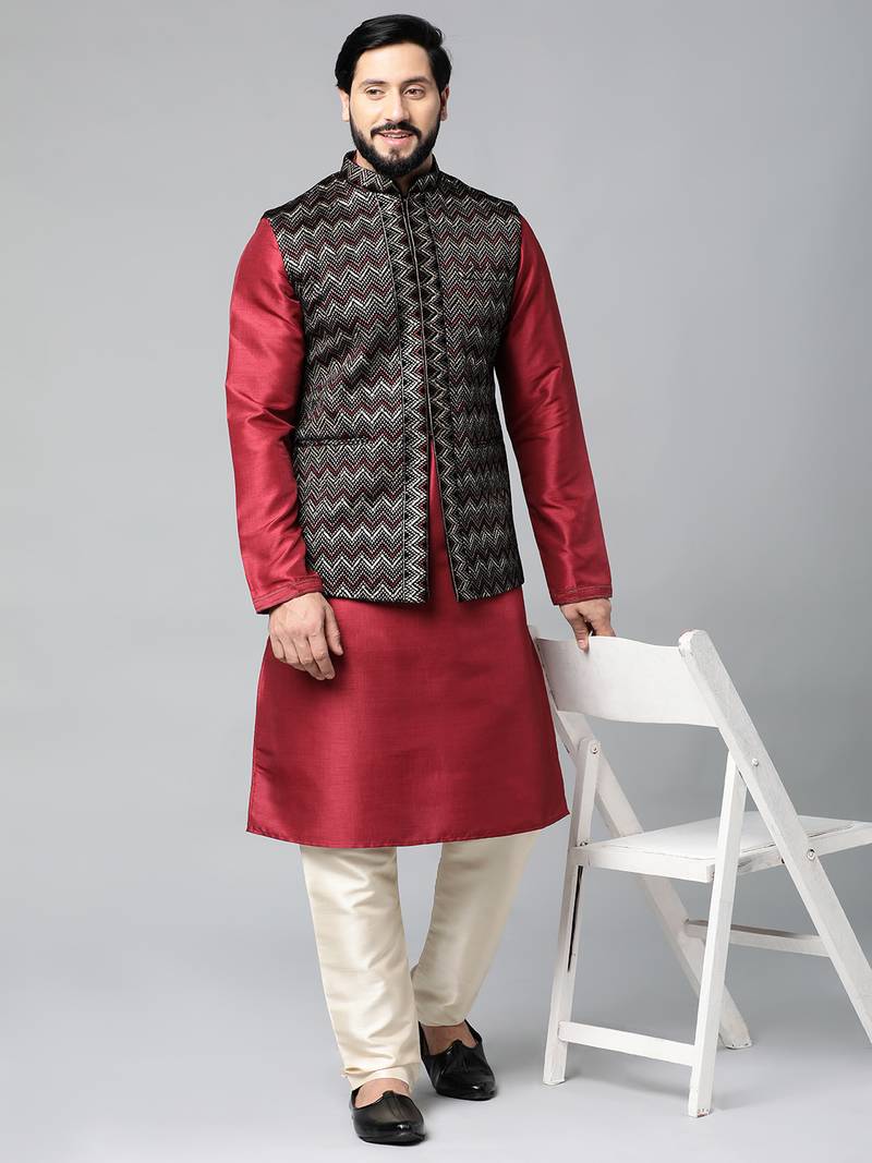 Black velvet embroidered jacket kurta set