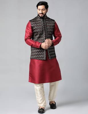 Black velvet embroidered jacket kurta set 2