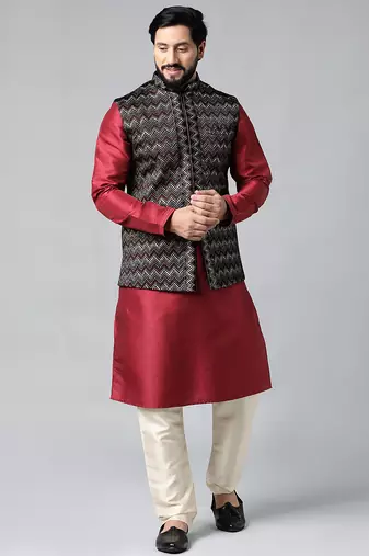 Black velvet embroidered jacket kurta set