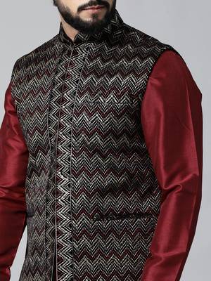 Black velvet embroidered jacket kurta set 4