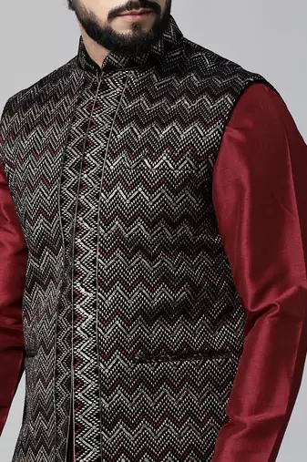 Black velvet embroidered jacket kurta set