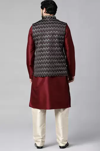Black velvet embroidered jacket kurta set