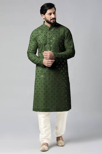 Olive green mirror embroidery kurtas