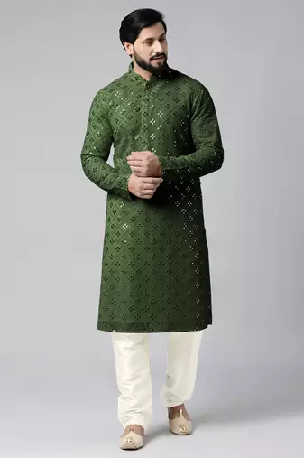 Olive green mirror embroidery kurtas