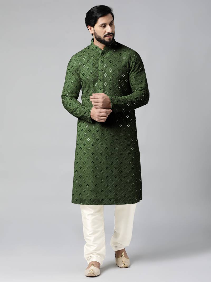 Olive green mirror embroidery kurtas