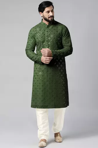 Olive green mirror embroidery kurtas