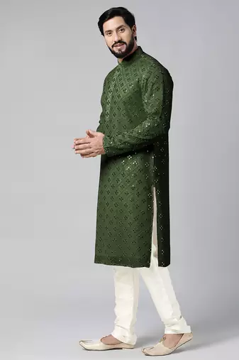 Olive green mirror embroidery kurtas