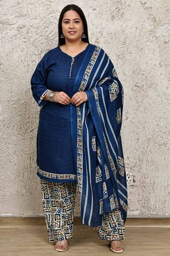 Rajnandini blue cotton blend printed ready to wear patiala salwar suit