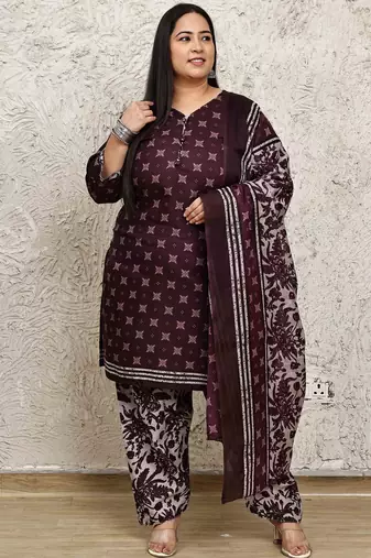 Rajnandini wine cotton blend printed ready to wear patiala salwar suit