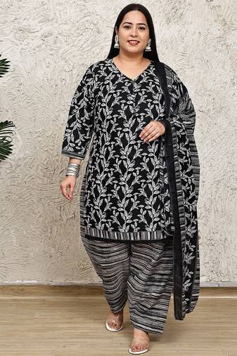 Rajnandini black & white cotton blend printed ready to wear patiala salwar suit