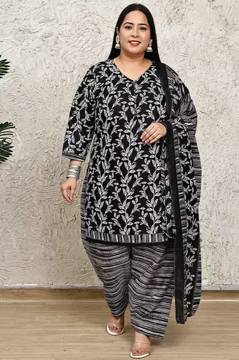 Rajnandini black & white cotton blend printed ready to wear patiala salwar suit