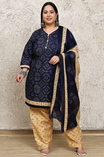 Rajnandini navy blue cotton blend printed ready to wear patiala salwar suit