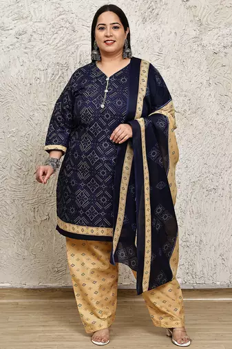 Rajnandini navy blue cotton blend printed ready to wear patiala salwar suit