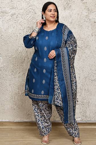 Rajnandini blue cotton blend printed ready to wear patiala salwar suit