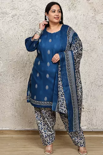 Rajnandini blue cotton blend printed ready to wear patiala salwar suit