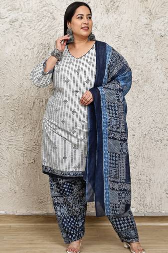 Rajnandini white cotton blend printed ready to wear patiala salwar suit