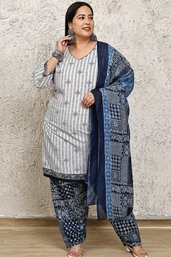 Rajnandini white cotton blend printed ready to wear patiala salwar suit
