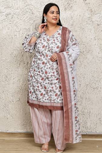 Rajnandini white cotton blend printed ready to wear patiala salwar suit