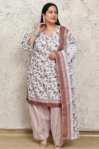 Rajnandini white cotton blend printed ready to wear patiala salwar suit