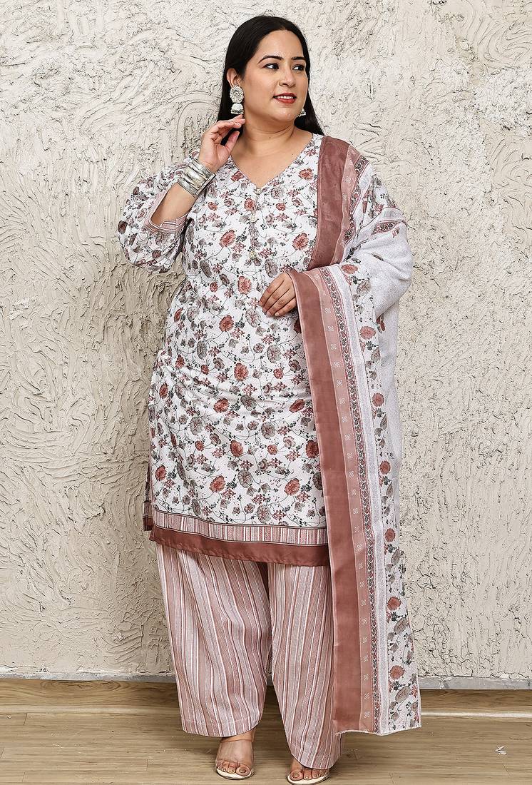 Rajnandini white cotton blend printed ready to wear patiala salwar suit