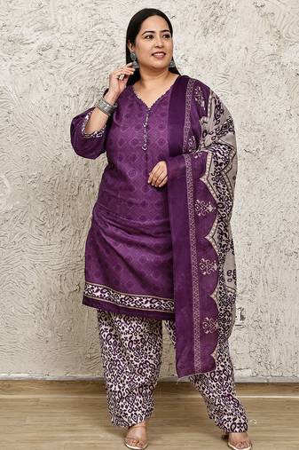 Rajnandini purple cotton blend printed ready to wear patiala salwar suit