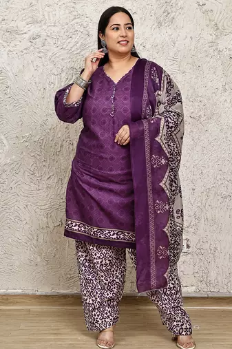 Rajnandini purple cotton blend printed ready to wear patiala salwar suit