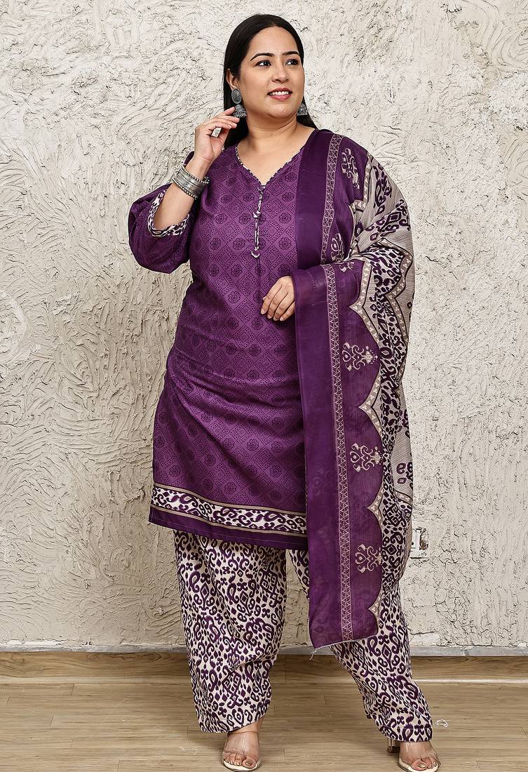 Rajnandini purple cotton blend printed ready to wear patiala salwar suit