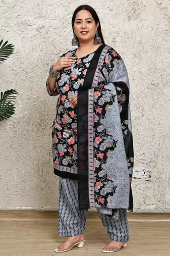 Rajnandini black cotton blend printed ready to wear patiala salwar suit