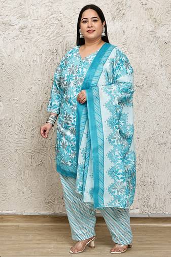 Rajnandini turquoise & white cotton blend printed ready to wear patiala salwar suit